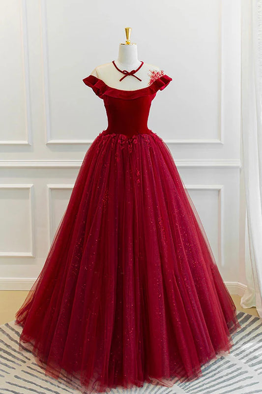 Burgundy Velvet Long A-Line Prom Dress Burgundy Formal Evening Dress