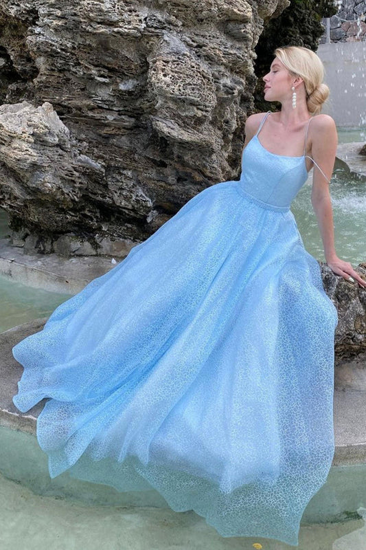 Beautiful Tulle Spaghetti Straps Floor Length Prom Dress Blue A-Line Party Dress