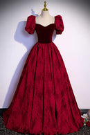 Burgundy Velvet Long A-Line Prom Dress Burgundy Short Sleeve Evening Dress