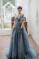 Blue Tulle Beaded Long A-Line Prom Dress Blue Formal Evening Gown