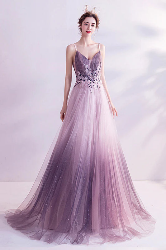 Purple V-Neck Gradient Tulle Long Prom Dress A-Line Evening Party Dress