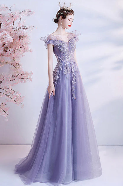 Purple Tulle Long A-Line Prom Dress with Sequins Off the Shoulder Party Dress