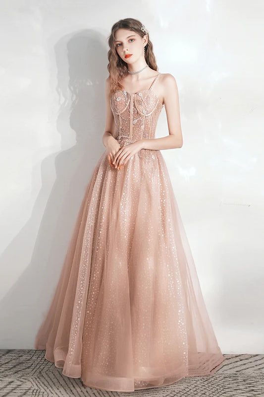 Pink Tulle Long A-Line Evening Party Dress Cute Pink Prom Dress