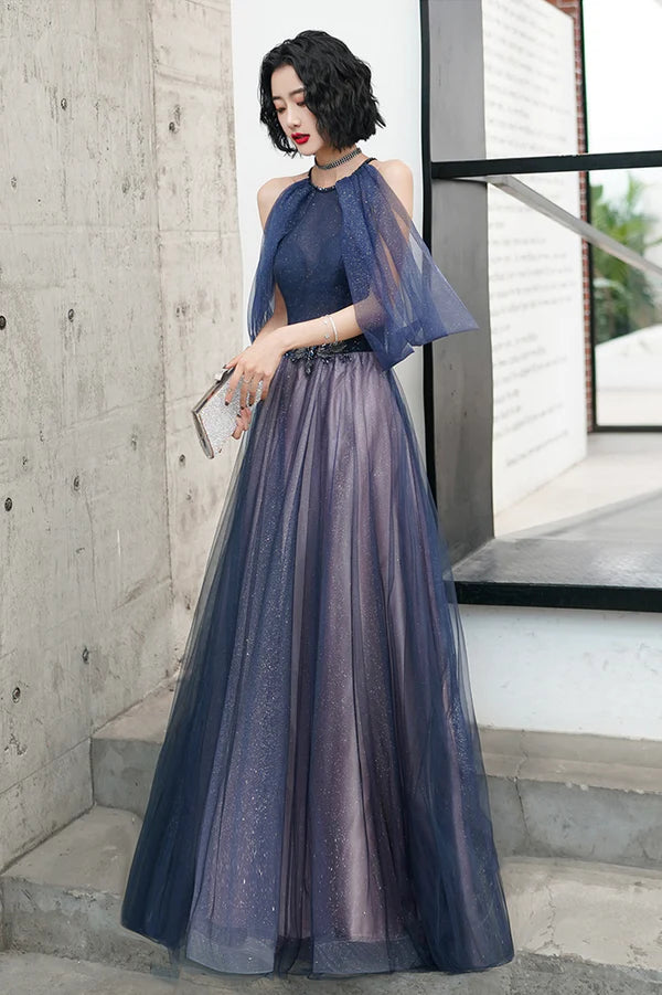 Blue Tulle Long A-Line Prom Dress Off the Shoulder Evening Graduation Dress