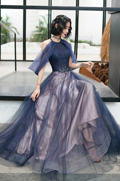 Blue Tulle Long A-Line Prom Dress Off the Shoulder Evening Graduation Dress