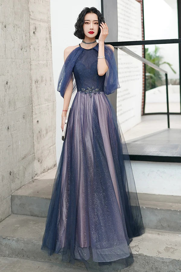 Blue Tulle Long A-Line Prom Dress Off the Shoulder Evening Graduation Dress