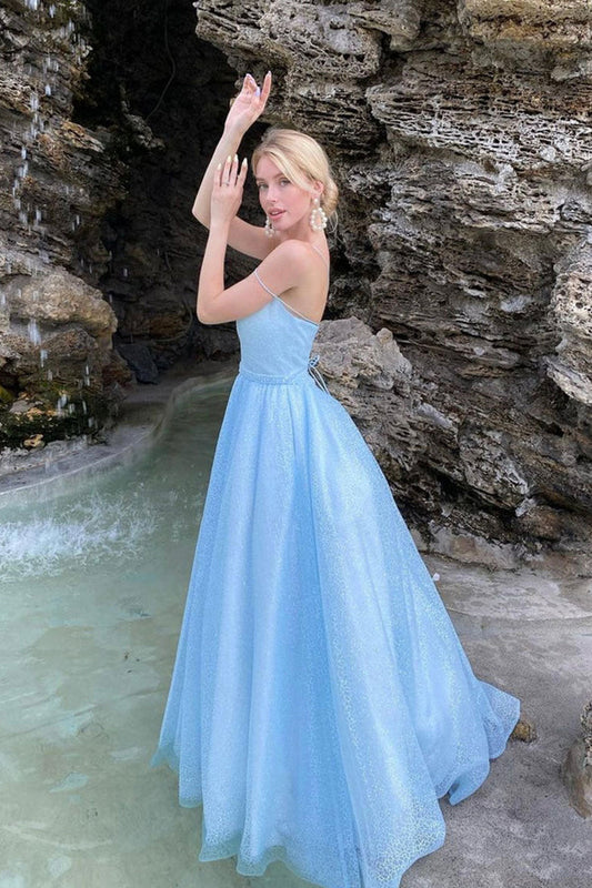 Beautiful Tulle Spaghetti Straps Floor Length Prom Dress Blue A-Line Party Dress