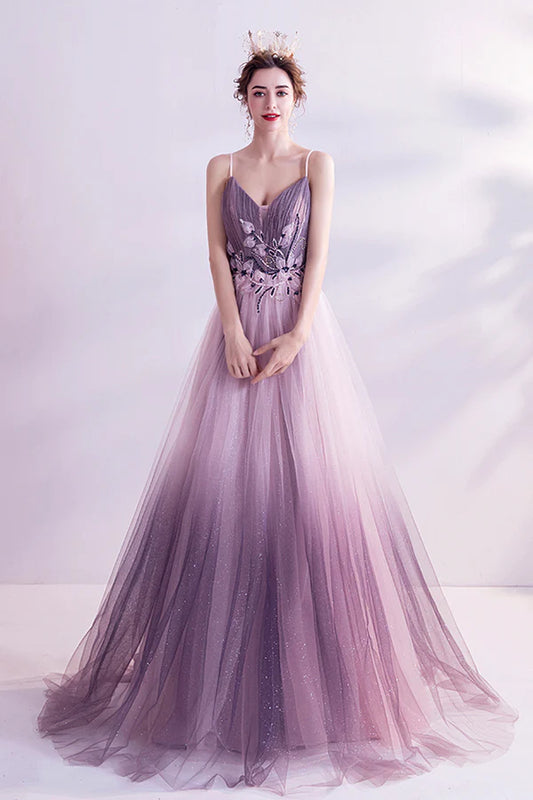 Purple V-Neck Gradient Tulle Long Prom Dress A-Line Evening Party Dress