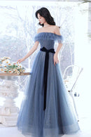 Blue Tulle Off Shoulder Long Formal Dress with Bow A-Line Evening Gown