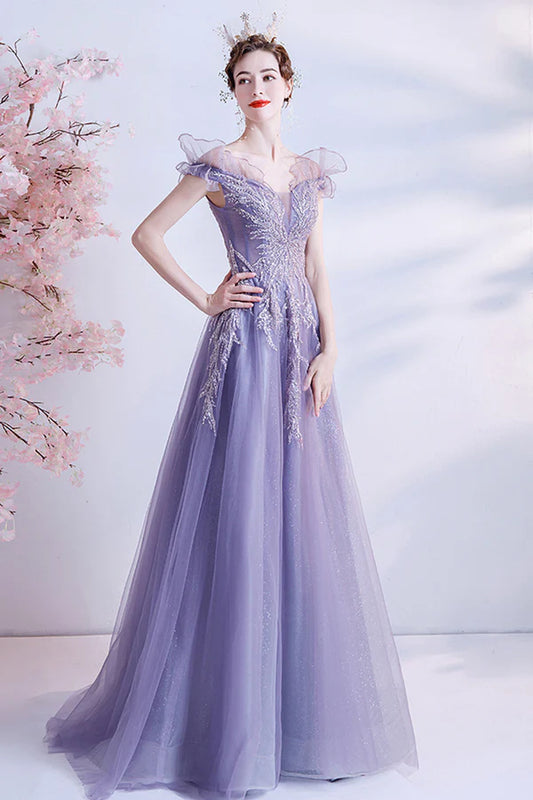 Purple Tulle Long A-Line Prom Dress with Sequins Off the Shoulder Party Dress