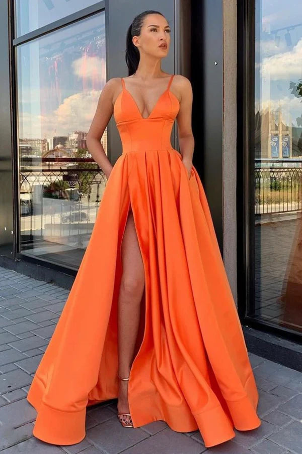 Simple Satin Long A-Line Prom Dress V-Neck Evening Dress with Slit