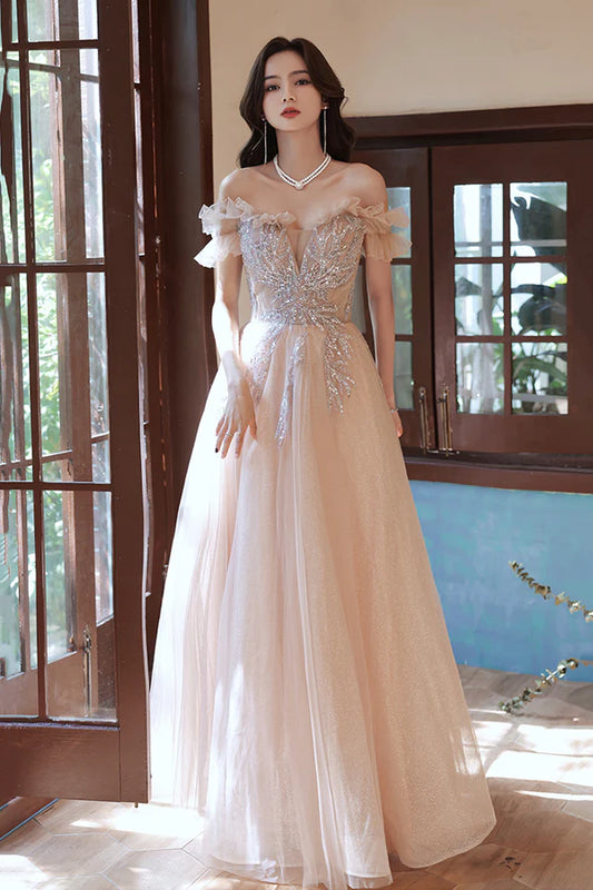 Off the Shoulder Tulle Beaded Long Prom Dress A-Line Evening Party Dress