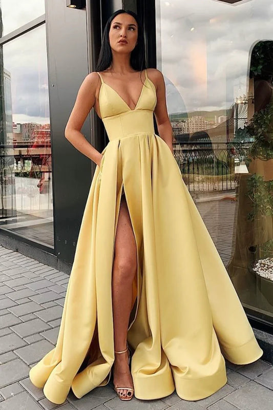 Simple Satin Long A-Line Prom Dress V-Neck Evening Dress with Slit