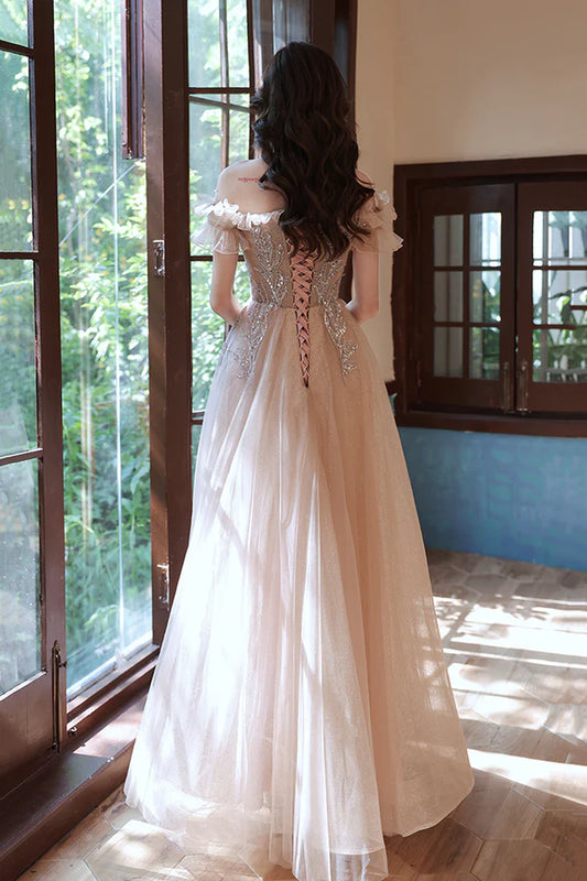 Off the Shoulder Tulle Beaded Long Prom Dress A-Line Evening Party Dress