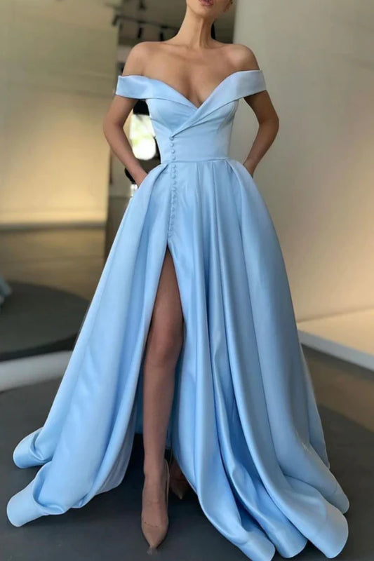 Blue Satin Long A-Line Prom Dress Simple Blue Evening Dress with Slit