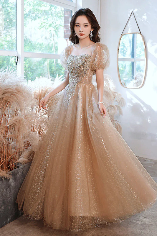 Shiny Tulle Sequins Long Prom Dress Champagne A-Line Evening Party Dress