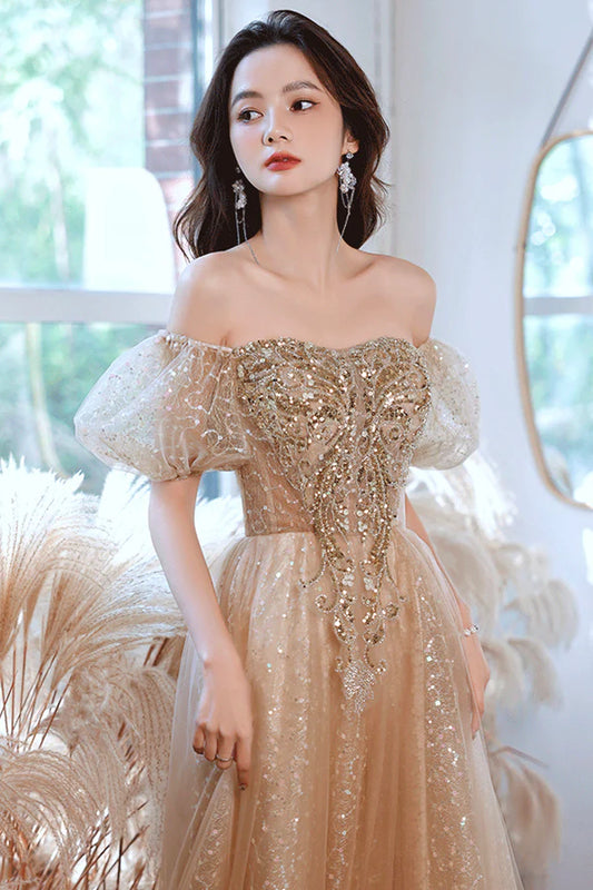 Shiny Tulle Sequins Long Prom Dress Champagne A-Line Evening Party Dress