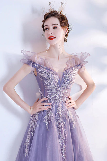 Purple Tulle Long A-Line Prom Dress with Sequins Off the Shoulder Party Dress