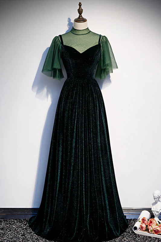 Green Velvet Long A-Line Prom Dress Green Formal Evening Dress