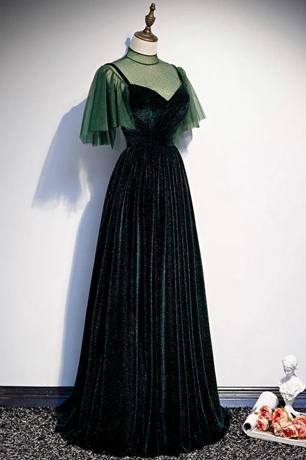 Green Velvet Long A-Line Prom Dress Green Formal Evening Dress