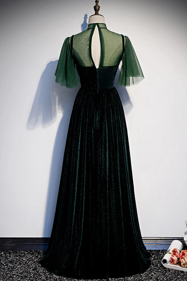 Green Velvet Long A-Line Prom Dress Green Formal Evening Dress