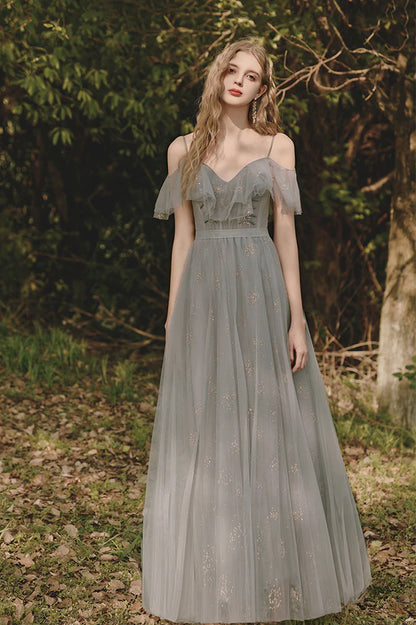 A-Line V-Neck Tulle Long Prom Dress Gray Spaghetti Straps Evening Dress