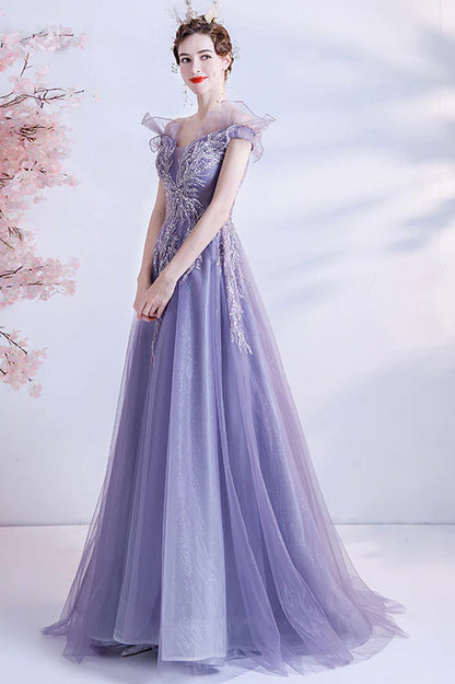 Purple Tulle Long A-Line Prom Dress with Sequins Off the Shoulder Party Dress