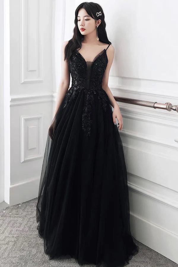 Black V-Neck Tulle Lace Long Prom Dress A-Line Evening Party Dress