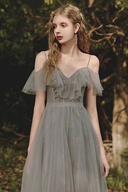 A-Line V-Neck Tulle Long Prom Dress Gray Spaghetti Straps Evening Dress