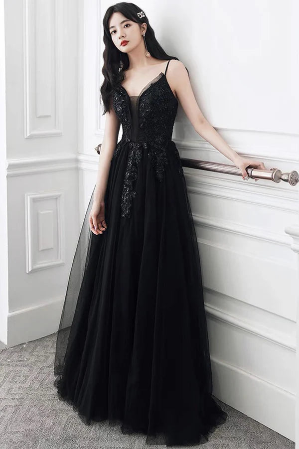 Black V-Neck Tulle Lace Long Prom Dress A-Line Evening Party Dress