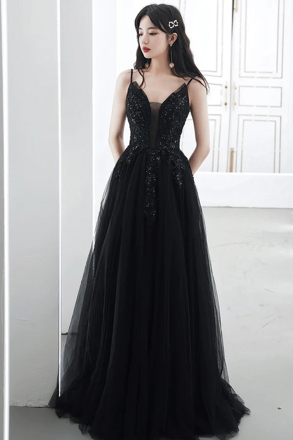 Black V-Neck Tulle Lace Long Prom Dress A-Line Evening Party Dress