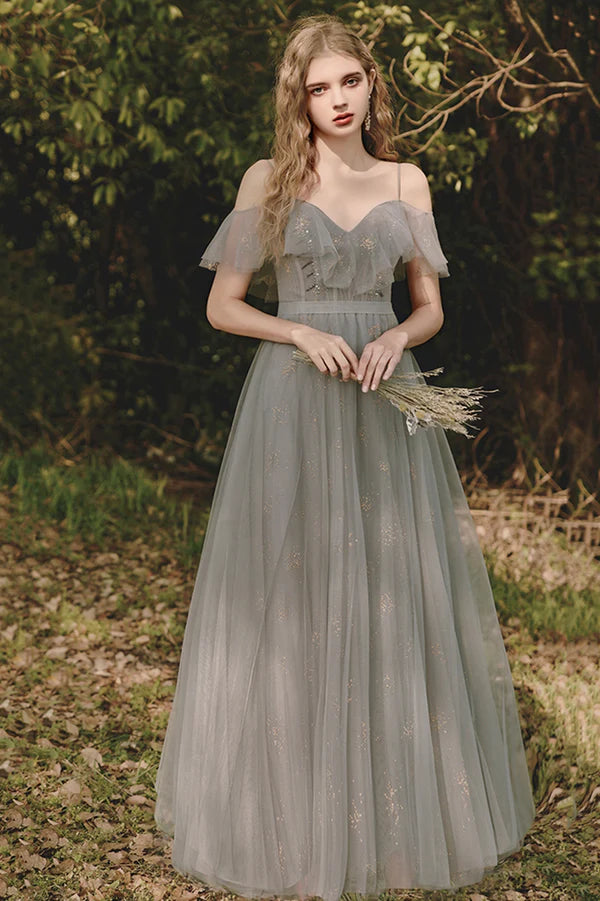 A-Line V-Neck Tulle Long Prom Dress Gray Spaghetti Straps Evening Dress