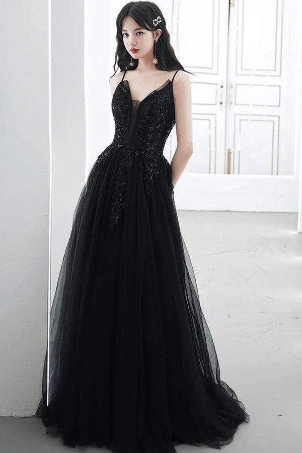 Black V-Neck Tulle Lace Long Prom Dress A-Line Evening Party Dress