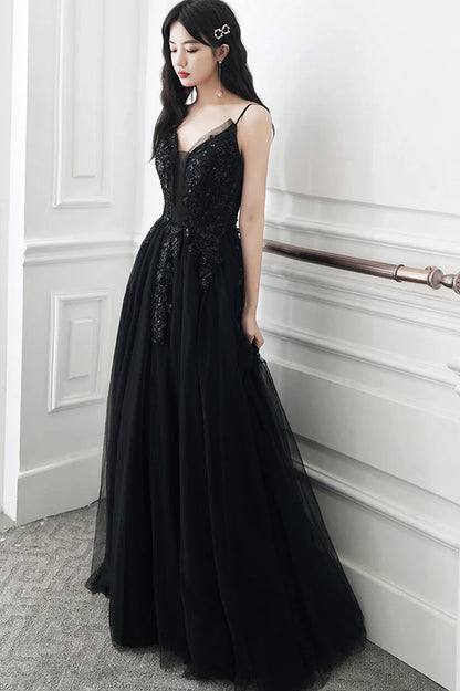 Black V-Neck Tulle Lace Long Prom Dress A-Line Evening Party Dress