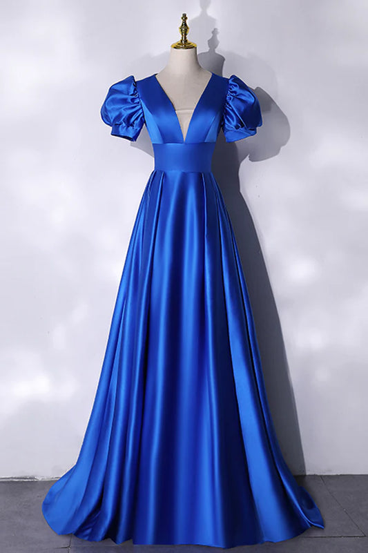 Blue V-Neck Satin Long Prom Dress Simple Blue Evening Party Dress