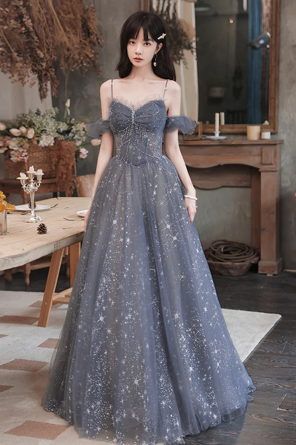 A-Line Spaghetti Straps Tulle Long Prom Dress Cute A-Line Evening Dress