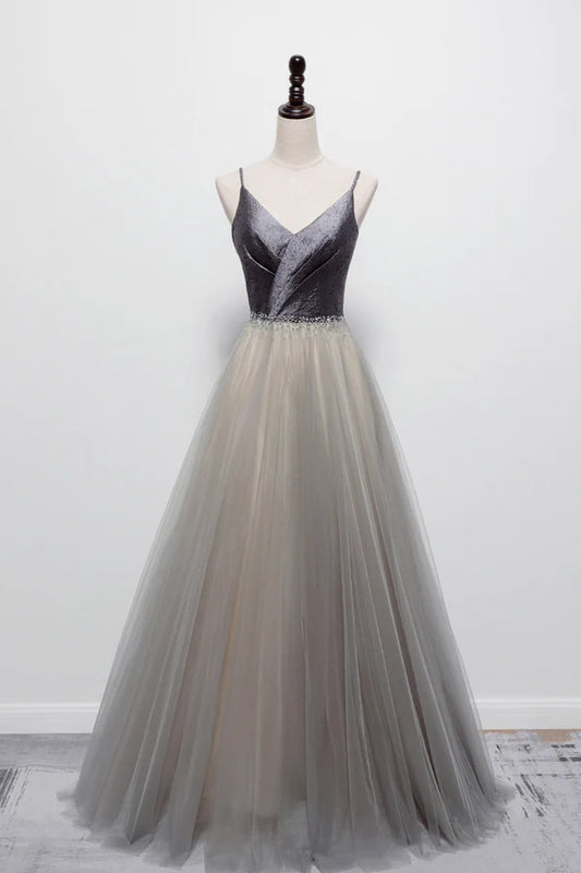 Gray Tulle Long A-Line Prom Dress V-Neck Spaghetti Straps Evening Dress