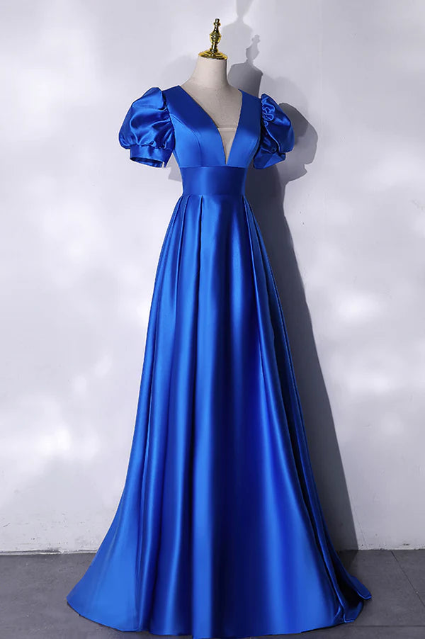 Blue V-Neck Satin Long Prom Dress Simple Blue Evening Party Dress