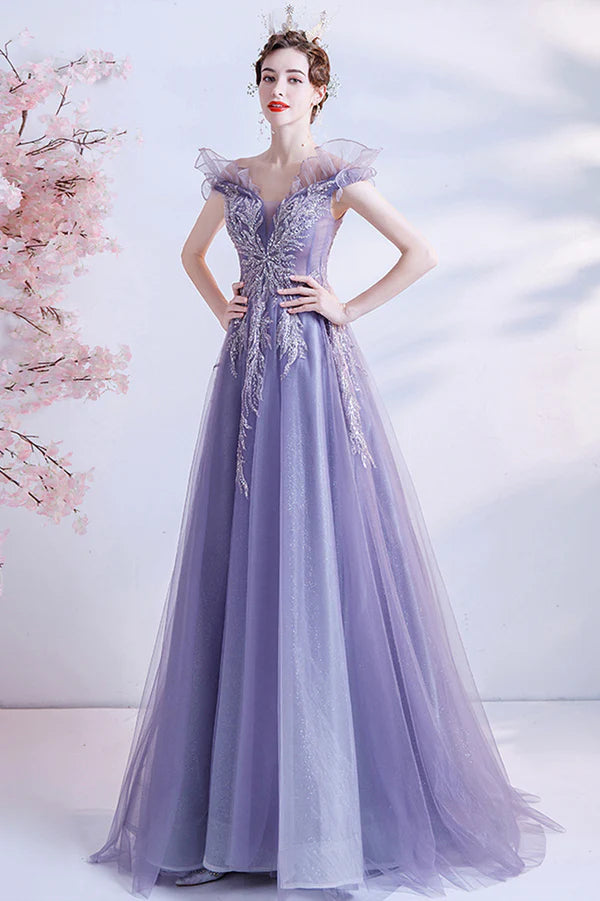 Purple Tulle Long A-Line Prom Dress with Sequins Off the Shoulder Party Dress