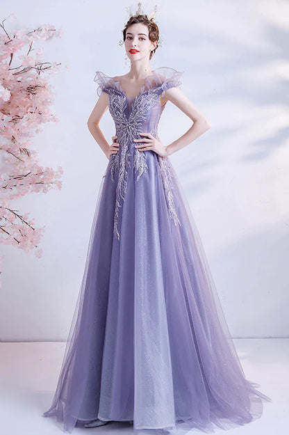 Purple Tulle Long A-Line Prom Dress with Sequins Off the Shoulder Party Dress