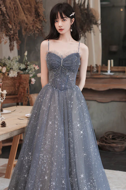 A-Line Spaghetti Straps Tulle Long Prom Dress Cute A-Line Evening Dress