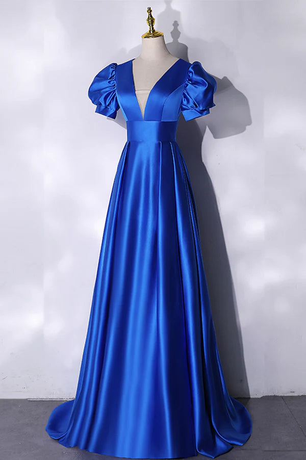 Blue V-Neck Satin Long Prom Dress Simple Blue Evening Party Dress