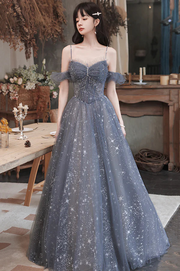 A-Line Spaghetti Straps Tulle Long Prom Dress Cute A-Line Evening Dress