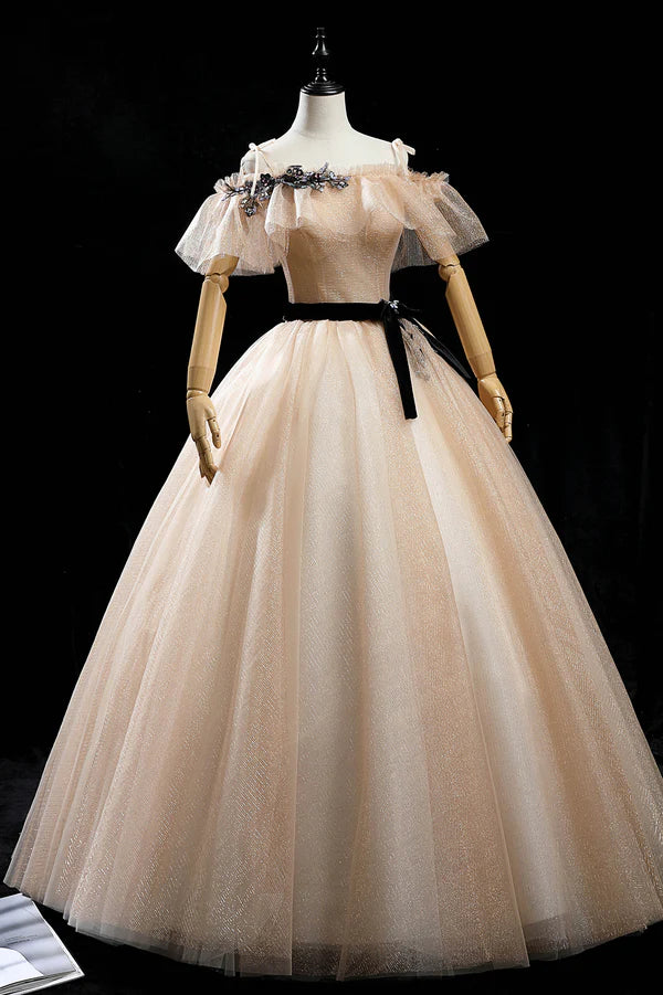 Champagne Shiny Tulle Floor Length Prom Dress Off the Shoulder Evening Dress