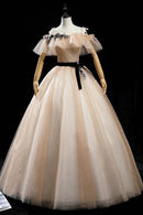 Champagne Shiny Tulle Floor Length Prom Dress Off the Shoulder Evening Dress