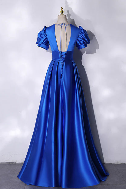 Blue V-Neck Satin Long Prom Dress Simple Blue Evening Party Dress