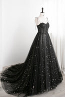 Black Tulle Long Prom Dress with Stars Cute Spaghetti Straps Graduation Dress