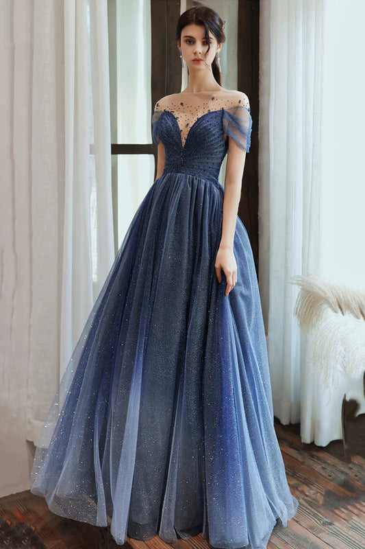 Blue Scoop Tulle Long Formal Dress A-Line Evening Party Dress