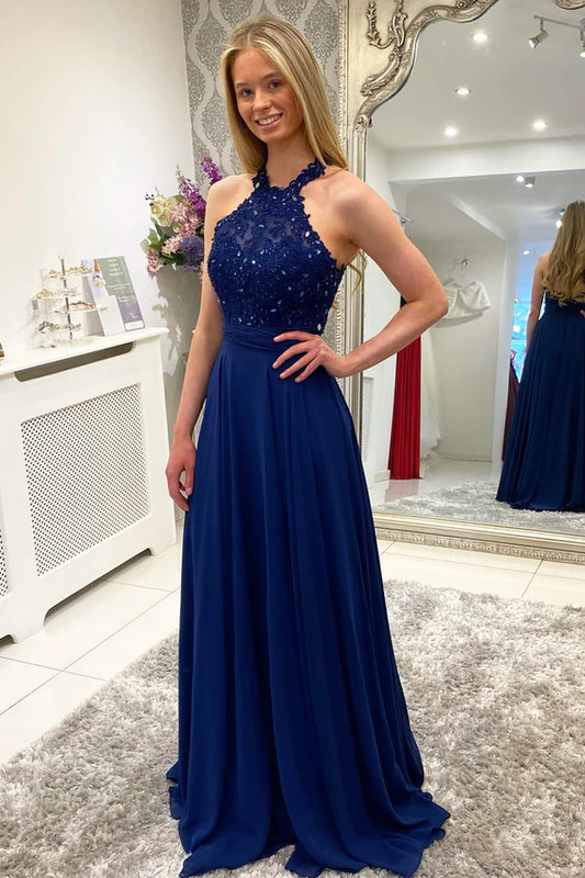 Blue Chiffon Lace Long Prom Dress A-Line Backless Evening Dress Graduation Dress