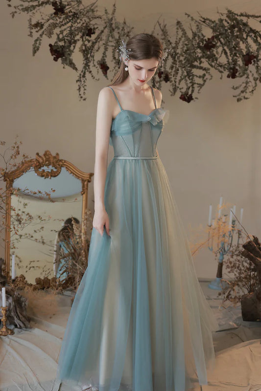 A-Line Tulle Long Prom Dress Simple Spaghetti Strap Evening Dress